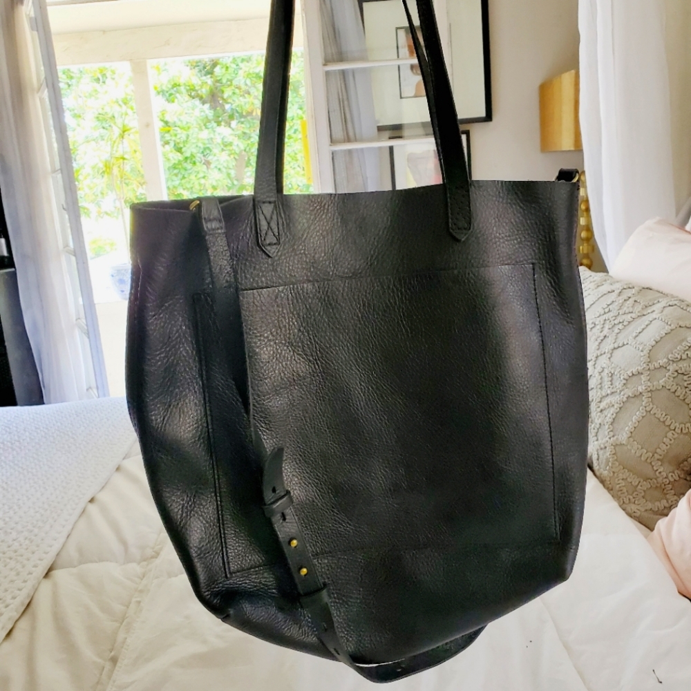 MADEWELL BLACK LEATHER TOTE WITH REMOVABLE ADJUSTABLE STRAP